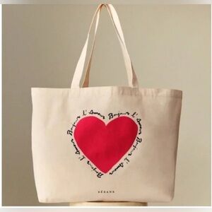 New sezane Cream Tote Bag with Red Heart